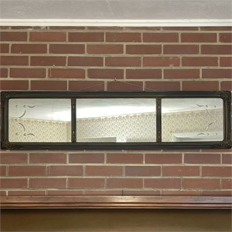 Vintage Three Panel Buffet Wall Mirror with Etched Accent Edging