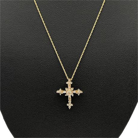 14K Yellow Gold Cubic Zirconia Cross Pendant on 14K Yellow Gold Rope Chain