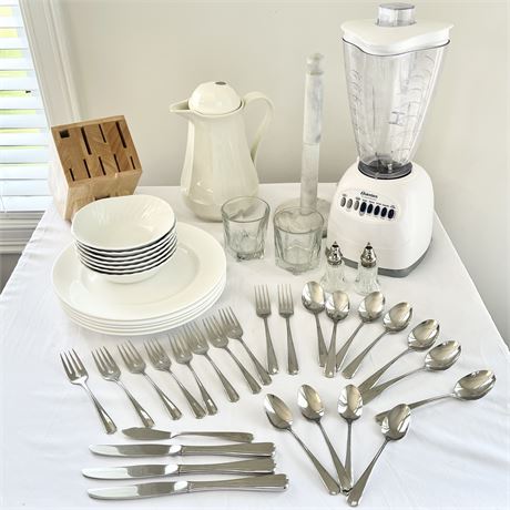 Kitchen Lot w/ Osterizer Blender, Knife Block, Flatware, White Dishes & More