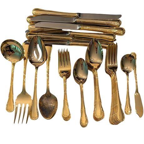 46 pc - Service for 8 Wesley Forge Gold Tone Stainless Steel Flatware Set