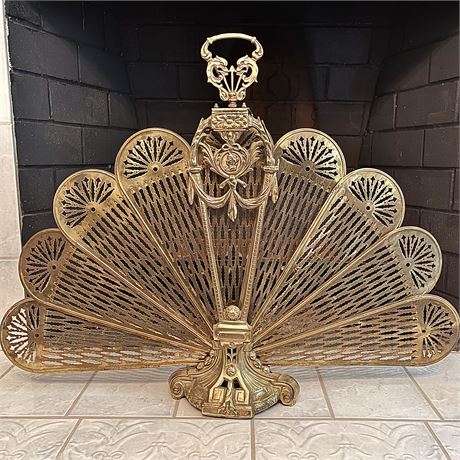 Antique Brass Cameo Peacock Fan Fireplace Screen