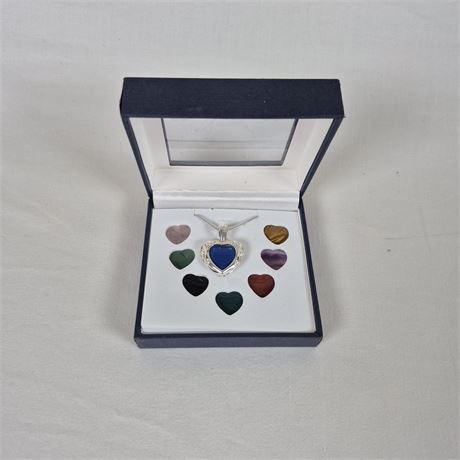 .925 Heart Locket Necklace w/8 Interchangeable Gemstones