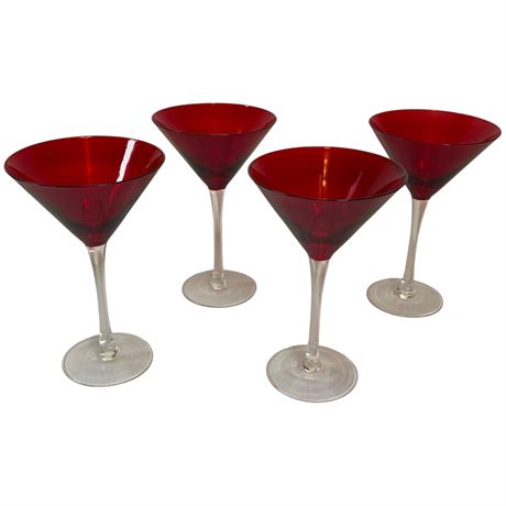 (4) Ruby Red Hand-Blown Stemmed Martini Glasses