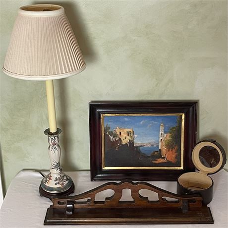 Buffet Table Lamp, Wood Wall Shelf, Posillipo Art Print and Leather Case