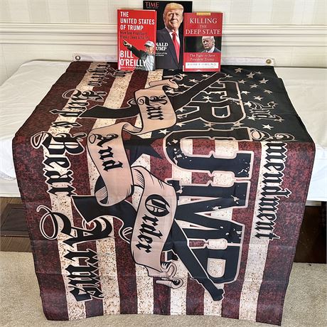 Books about Donald Trump w/ Law and Order Right to Bear Arms Flag
