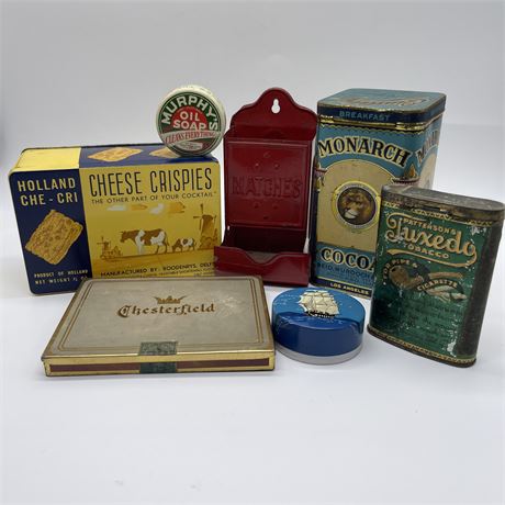 Vtg Wall Match Holder, Advertising Tins for Food, Tobacco and Other Products