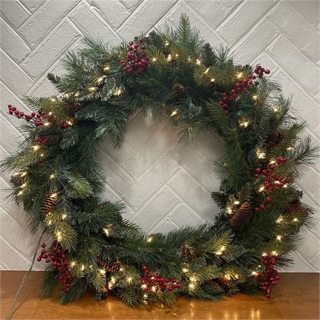 Lighted Artificial Christmas Wreath with Pinecones and Holly Berries