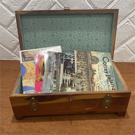 Vtg Wooden Trinket Box Holding Old Postcards