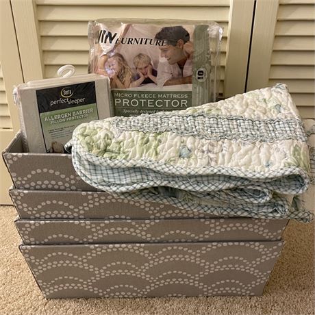 (4) Fabric Covered Bins, New Mattress Protector, Pillow Protector & Pillow Cases