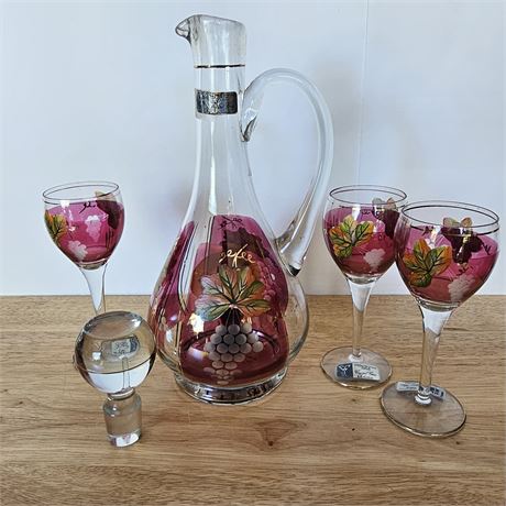Vintage Romanian cranberry etched & handpainted crystal wine decanter set