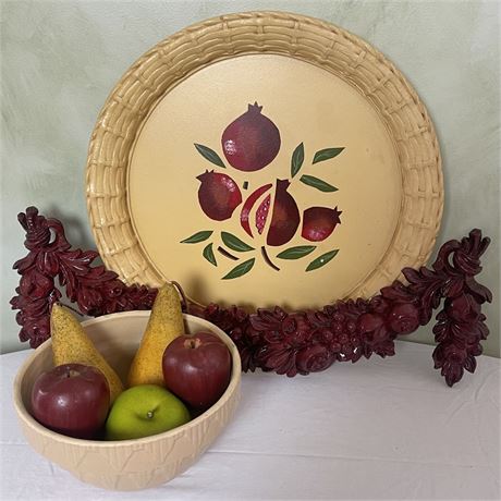 Vtg Clay City Pottery Stoneware Bowl w/ Coordinated Centerpiece and Wall Swag