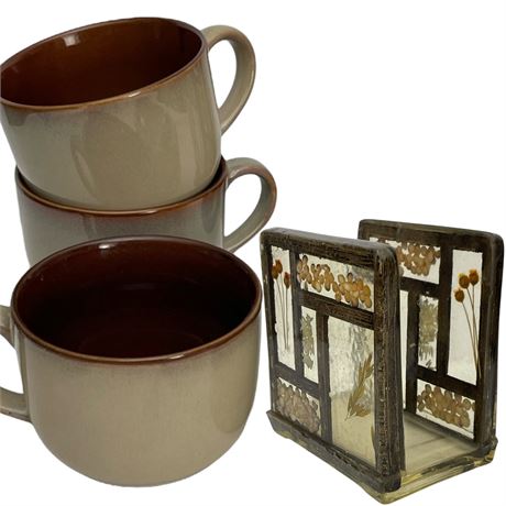 Acrylic Seed Filled Napkin Holder & (3) Sango "Nova Brown" Soup Cups