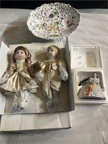 Decorative bowl and 3 dolls (one of them ceramic)  Florence Maranuk Collection