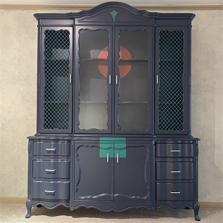 Vtg 2pc Hand-Painted Solid Wood China Cabinet