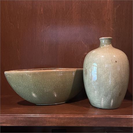 Matching Ceramic Crackle Glass Dish and Vase