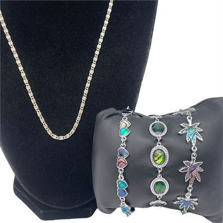 Multi-Colored Paua Shell Silver Toned Bracelets w/ Silver Toned Necklace Chain