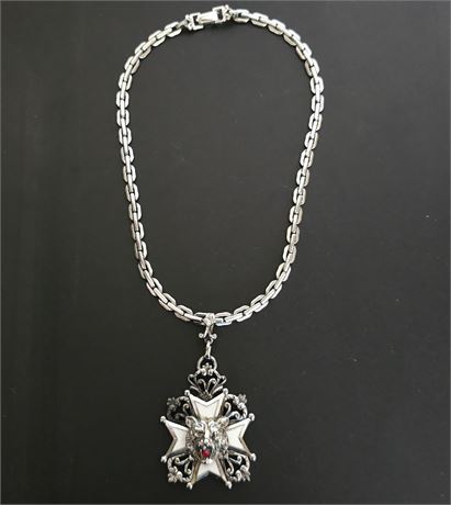 Barclay Vintage Silvertone Chain w/Lion Medallion Maltese Cross Necklace