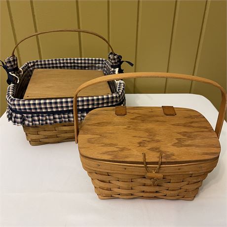 Lidded Longaberger Basket & Basket with Plastic Insert, Wood Shelf & Plaid Cloth