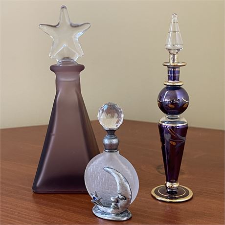 Vtg Blown Glass- Egyptian, Frosted, & Pewter Crescent Moon Perfume Bottles