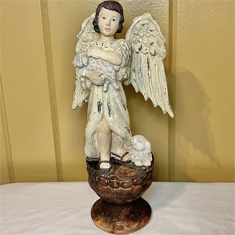 Vtg Enesco Distressed Angel w/ Lambs Statue