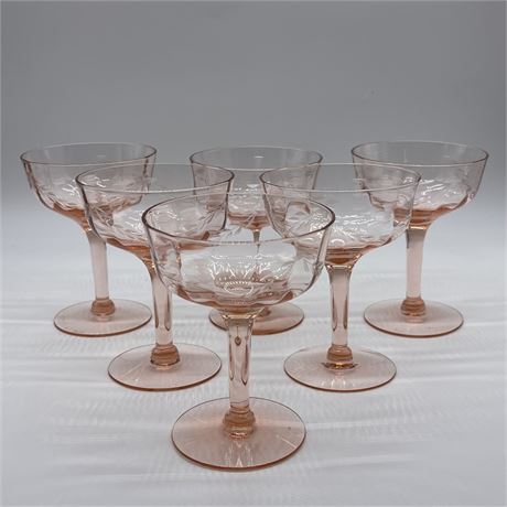(6) Etched Pink Depression Coupe Glasses