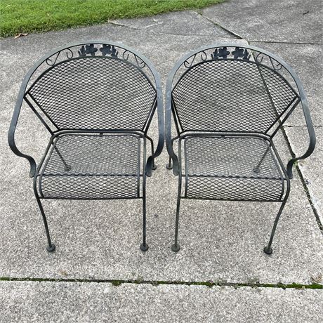 Pair of Black Wrought Iron Patio Barrel Back Chairs