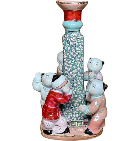 Vtg Chinese Famille Rose Hand-Painted Porcelain Fertility Candlestick