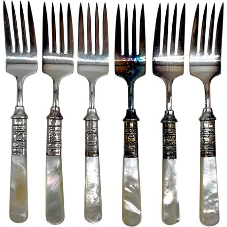 (6) Antique 925 Sterling Silver Mother of Pearl Forks