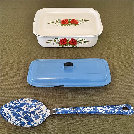 (3) Vtg Enamelware Kitchen Pieces