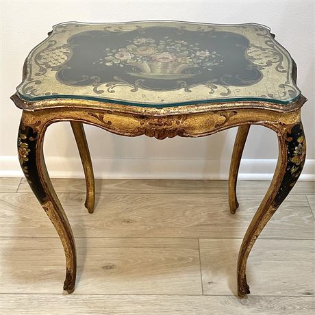 Vtg Distressed Hand-Painted Italian Florentine Style Side Table w/ Glass Top