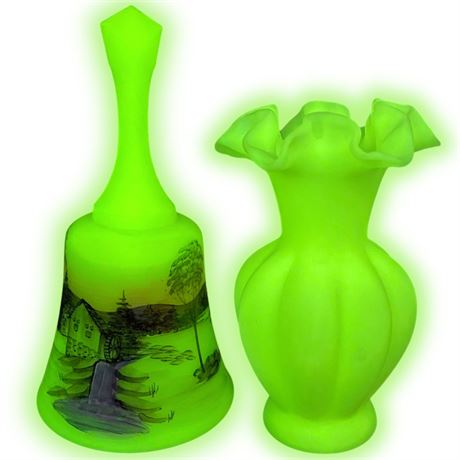 Fenton Custard Uranium Glass Bell Signed by Gloria Finn & Custard Uranium Vase