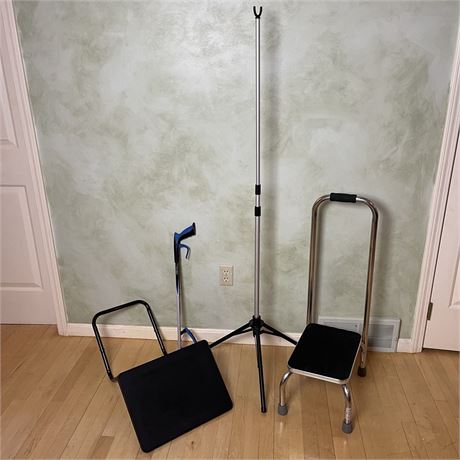 Medical Lot - IV Pole, Medical Stool, My Bedside Table, & AliReach Plus Grabber