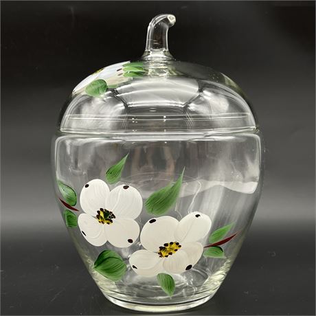 Hand-Painted Clear Glass Apple Lidded Candy Dish