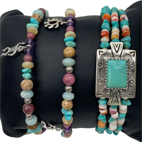 925 Carolyn Pollack Turquoise/Coral & Navajo Charms Multi-Stone Beaded Bracelet