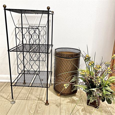 3-Tier Metal Stand with Waste Basket and Glazed Ceramic Potted Faux Flowers