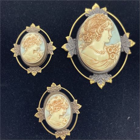 Ornate Framed Cameo Relief Brooch & Earrings