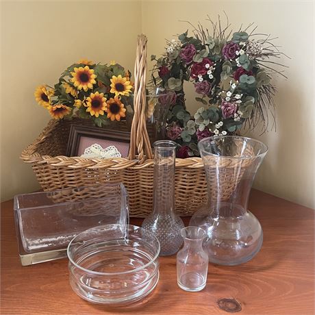 Handled Wicker Basket w/ Glass Vases, Artificial Flowers, & Mini Framed Art