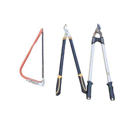 Collection of gardening tools, bow saw and two types of loppers.