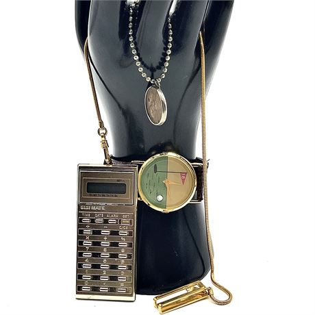 Vtg Elsi Mate Clock Alarm Calculator on Keychain, Golf Watch & Zippo Repair Cent