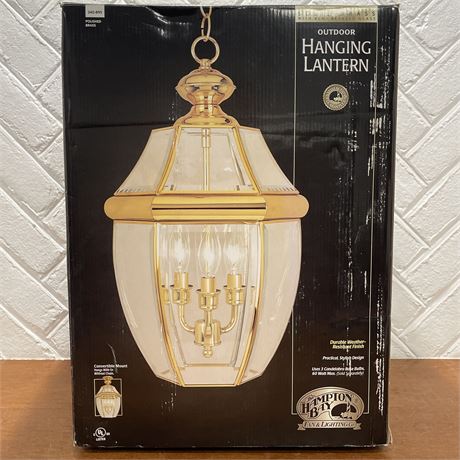 NIB Hampton Bay Solid Brass Outdoor Hanging Lantern w/ Bent Beveled Glass