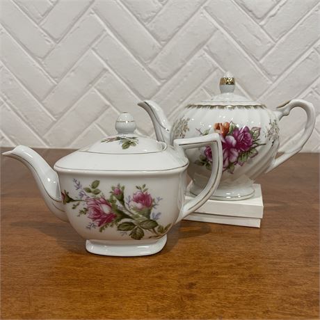 (2) Vtg Gold Trim Designed Floral China Teapots