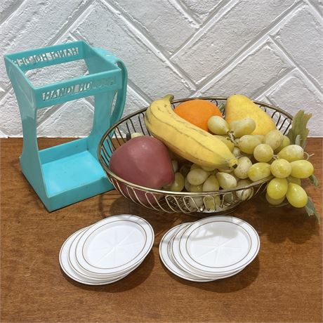 Mid-Century Kitchen Items with Coasters, Milk Carton Holder and Fruit Basket