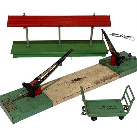 Lionel 47 Automatic Crossing Gate, 156 Light Station Platform, 161 Baggage Truck