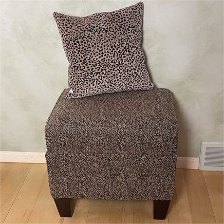 Leopard Print Upholstered Ottoman w/ Coordinated Pillow