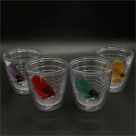Set of Four Vtg Plastic Double Wall Tumblers Encasing Colorful Fishing Lures