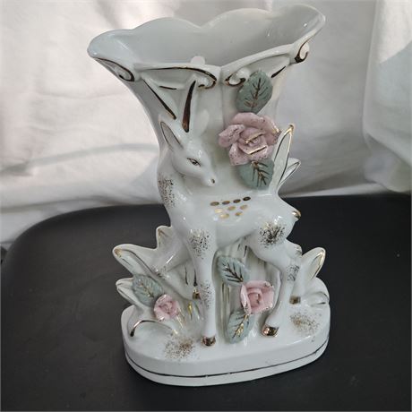 Vintage Deer Wall Pocket Bone China Fawn Roses Vases MCM Mid Century Modern Hand