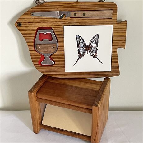Mid Century Magnetized Hanging Cheese Board & Dolphin Teak Wood Recipe Box