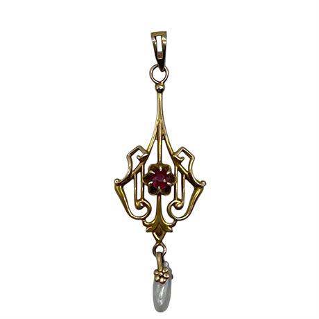 Antique 14K Gold Ruby & Pearl Lavalier Pendant