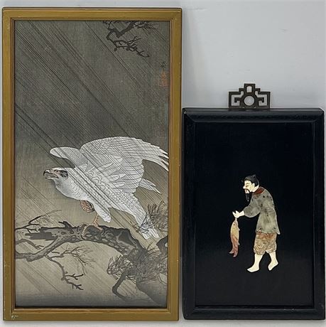 Antique Oriental Stone Carved Art Piece & Ohara Koson Eagle Woodblock Print