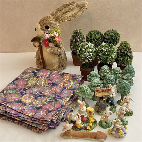 Easter Decor with Fabric Napkins, Mini Potted Faux Trees and More